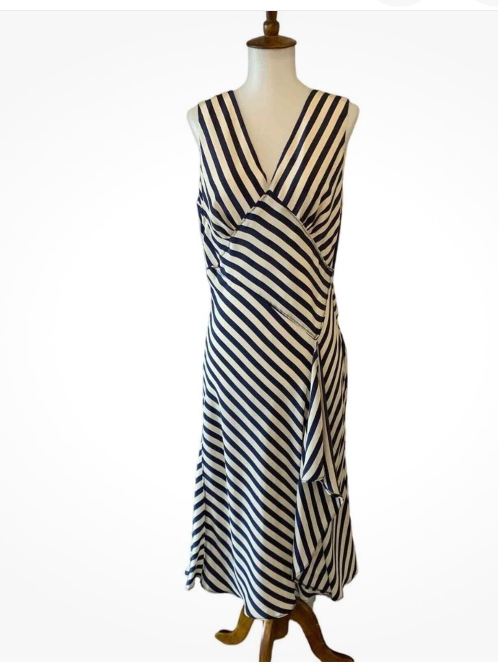 Vintage 100% Silk Suzi Chin Maggie Boutique Bias-Cut Navy Ivory Maxi Dress 8-10